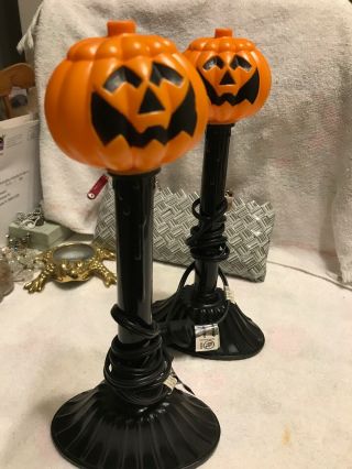 2 Vintage Halloween Black Pumpkin Jack O Lantern Lighted Candle Stick Decoration