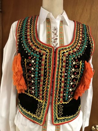 Vintage Polish Folk Costume Black Velvet Sequin Vest & Beads Size S/m 38”