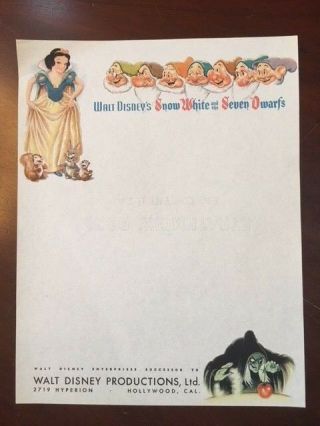 1937,  Walt Disney,  " Snow White & The Seven Dwarfs ",  " Un - " Letterhead - Scarce