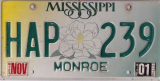 2001 Mississippi Hap 239 Monroe County License Plate