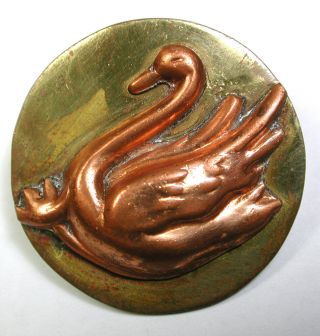 Lg Sz Vintage Brass & Copper Button Swimming Swan Design - 1 & 5/16 "