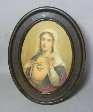 Vintage Sacred Heart Of Mary Print In Oval Metal Frame