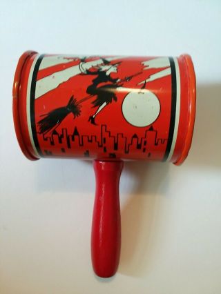 Vintage Halloween Tin Litho Barrel Noisemaker Red Handle Witch Ghost Owl