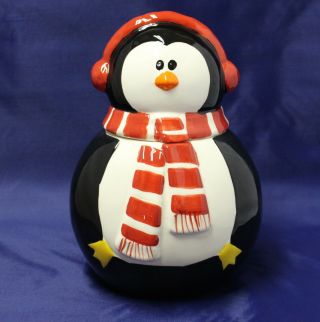 2782 Snowman Penguin Cookie Jar Hand Painted Ceramic Christmas Holiday 11 " X8 "