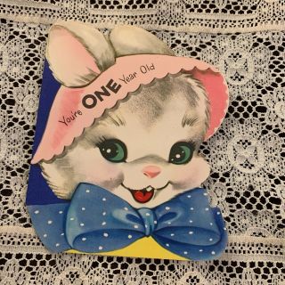 Vintage Greeting Card Birthday 1st Bunny Rabbit Polka Dot Bow Tie