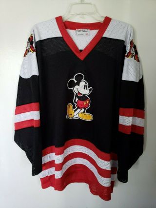 Rare Vintage 90s Mickey Mouse 1 Genus Black Sewn Hockey Jersey Men 