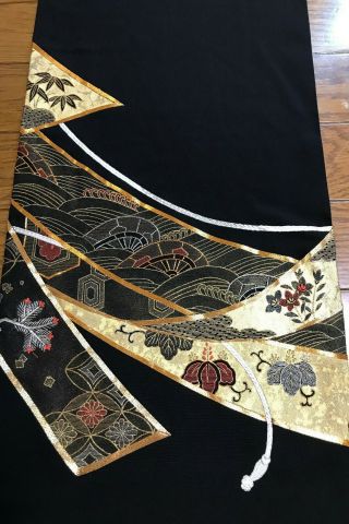 @@japanese Vintage Kimono/ Tomesode Black Silk Fabric/ Crests,  Embroidery Jx17