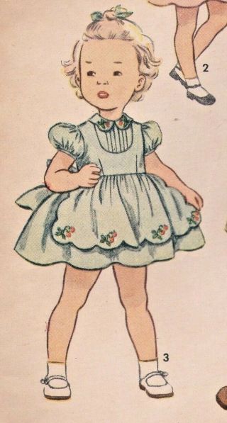 Vtg 1951 Little Girl Dress Pattern Sz 3 Scalloped Apron Strawberry Transfer