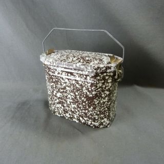 Antique Vintage French Enameled Graniteware Brown & White Lunch Pail Lunch Box