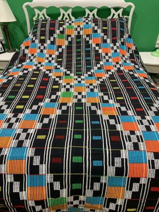 Mexican Blanket Bedspread Tablecloth Textile 98x73 Geometric Black Mexico Art