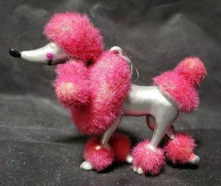 Poodle Christmas Ornament - Fuzzy Hot Pink & Silver - 4 " Tall