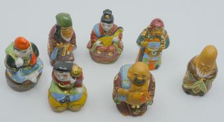 Full Set Of Vintage Japanese Kutani Porcelain Figurines,  7 Lucky Gods,  Moriage