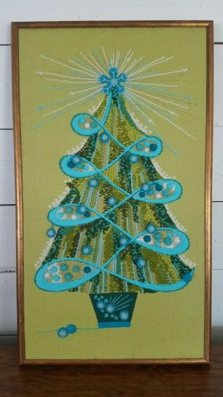 Vintage Hand Made Jeweled Christmas Tree Wall Hanging Picture 28 " X 16 "