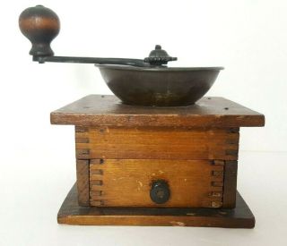 Antique Wood & Iron Hand Crank Coffee Mill Grinder W/ Drawer Dovetail Joints
