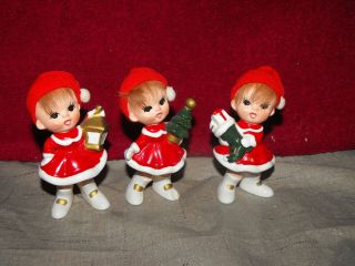 Vintage Napco Christmas Pixie Elf Girls W/ Stocking Hats Holding Gifts X - 7979