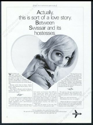 1971 Swissair Stewardess Photo In Heart Shape Unusual European Print Ad