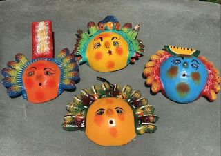 Hand Made Authentic Vintage Mexican Coconut Shell Masks Folk Art Set Of Four