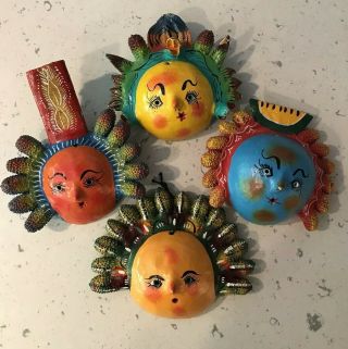 Hand Made Authentic Vintage Mexican Coconut Shell Masks Folk Art Set of Four 2