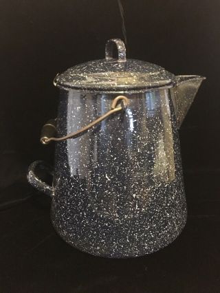 Vintage Blue Speckled Enamelware Large Cowboy Coffee Pot With Wood Handle