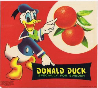 Donald Duck 1958 Spanish Orange Crate Label For Swedish Market