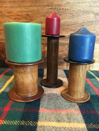 Vintage Wooden Industrial Textile Factory Bobbins,  Set Of 3 W/candles