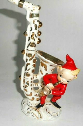 Vintage L&m 1956 Pixie Elf Ceramic Christmas Figurine On Saxophone Vase