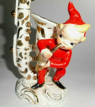 Vintage L&M 1956 Pixie Elf Ceramic Christmas Figurine on Saxophone Vase 2