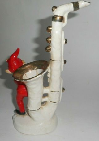 Vintage L&M 1956 Pixie Elf Ceramic Christmas Figurine on Saxophone Vase 3