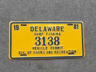 Vintage Delaware Surf Fishing Metal License Plate Tag Vehicle 1981 Auto