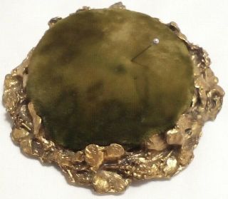Vintage Pin Cushion Olive Green Velvet Heavy Gold Colored Base 4 Inch Diameter