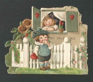 G43 - Cute Couple Vintage 1920s/30s Embossed Folding Standing 3d Valentine Card