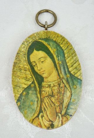 Small Vintage Mid Century Oval Wood Virgin Mary Madonna Wall Hanging Plaque