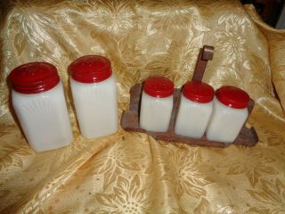 Vintage Milk Glass Spice Jars With Metal Rack 3 Small And 1 Large Repainted Tops