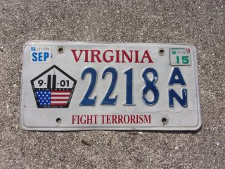 Virginia 2015 9 - 11 Fight Terrorism License Plate 2218