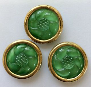 3 Vintage Large (31mm) Art Deco Floral Green Moonglow Glass Buttons