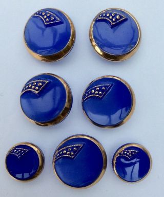 7 Vintage Blue Art Deco Glass Buttons,  Gilt Trim,  18mm & 13mm
