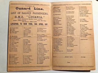 Cunard Line - List Of Saloon Passengers B.  M.  S.  " Lucania " 24th April 1897 Rare