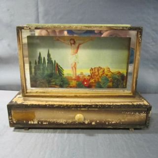 Vintage Religious Diorama,  Prayer Box,  Wooden Display With Drawer Jesus On Cross