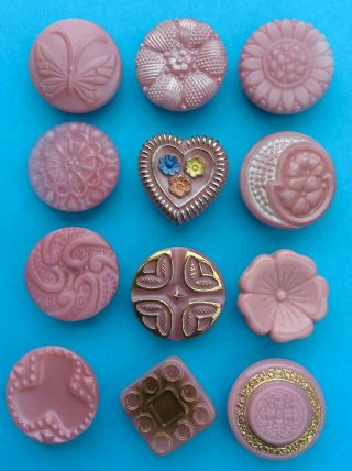 12 X 18mm Vintage Pink Glass Buttons,  Gilt,  Enamel,  Lustre,