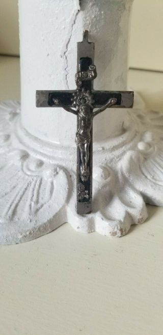 Antique Crucifix Pendant Germany Silver Plate Brass Ebony Skull And Crossbones