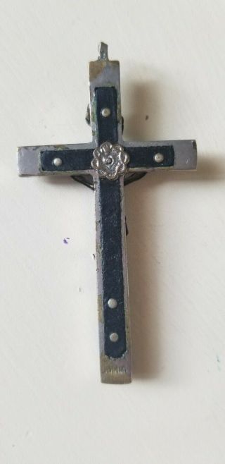 Antique Crucifix Pendant Germany Silver Plate Brass Ebony Skull and Crossbones 2