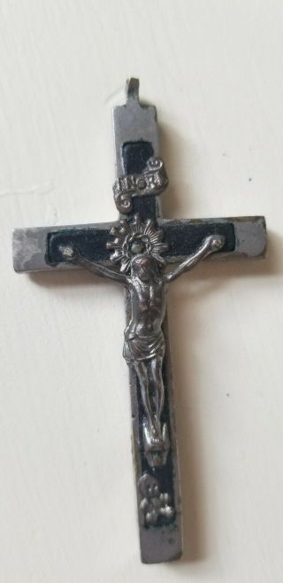 Antique Crucifix Pendant Germany Silver Plate Brass Ebony Skull and Crossbones 5