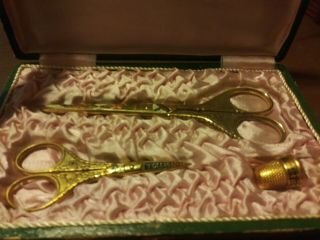 Vintage Toledo Gold Scissors Set W/ Thimble And Case