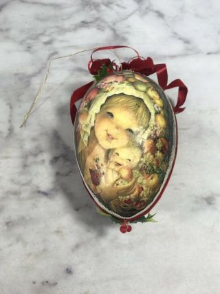 Vintage Christmas Ornament Egg Shape Girls Faces Floral Lace Red Trim Holiday