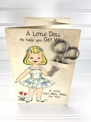 Vtg Adorable Blonde Girl Paper Doll With Scissors Toy Get Well Greeting Card