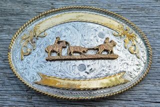 Team Calf Roping Western Rodeo Cowboy Trophy Vintage Belt Buckle
