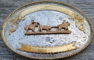 Team Calf Roping Western Rodeo Cowboy Trophy Vintage Belt Buckle 2