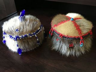 Hand - Made Native Eskimo Fur Beaded Baskets - Set Of 2