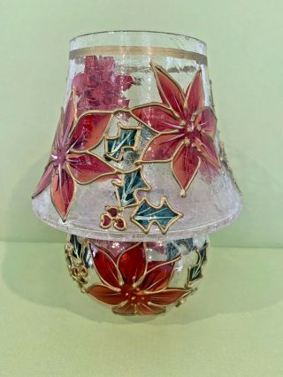 Holiday Poinsettia 7 " Mini Candle Lamp Mouth Blown Hand Painted Crackle Glass