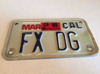 Vintage California Motorcycle Plate,  1989 Tag.  Personalized.  Fx Dg